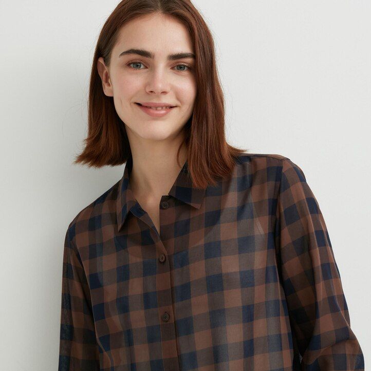 beige uniqlo sheer cotton checked womens blouse