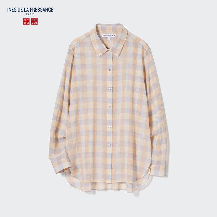 beige uniqlo sheer cotton checked womens blouse