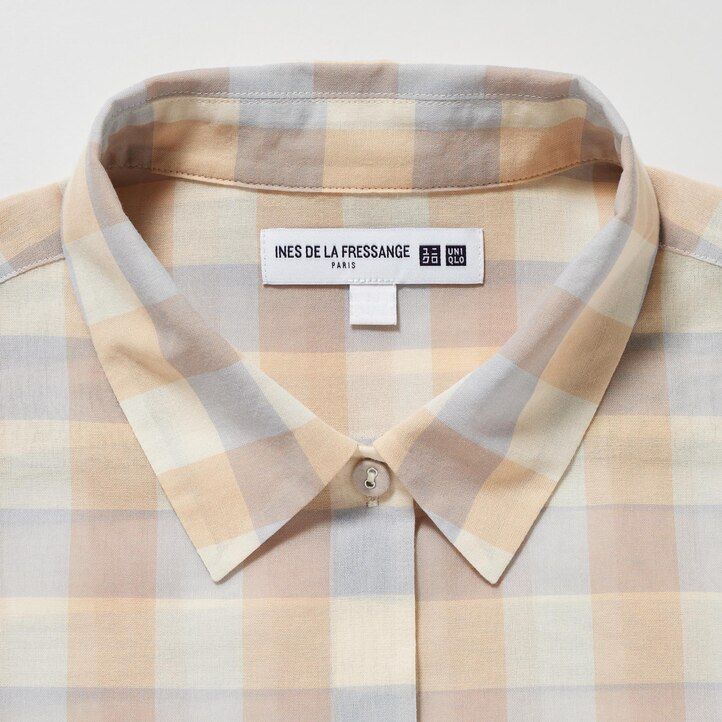 beige uniqlo sheer cotton checked womens blouse