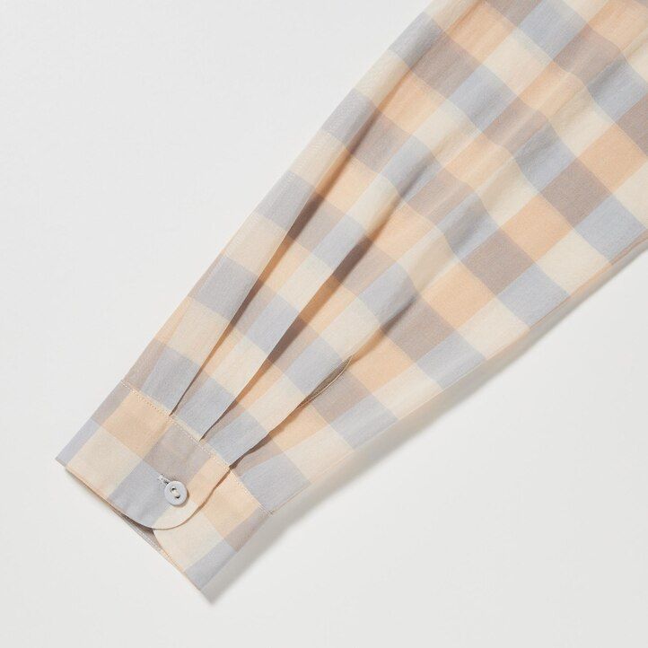 beige uniqlo sheer cotton checked womens blouse
