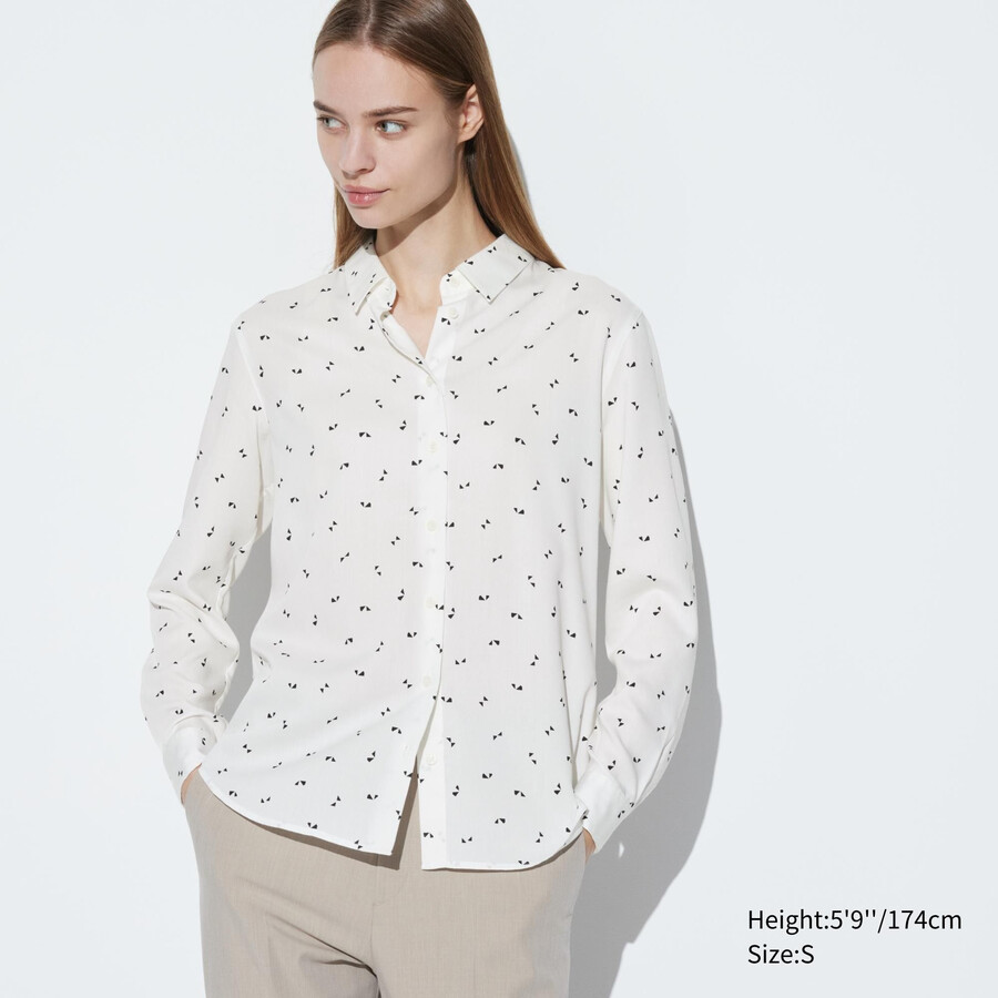 white womens uniqlo rayon printed sleeved blouse