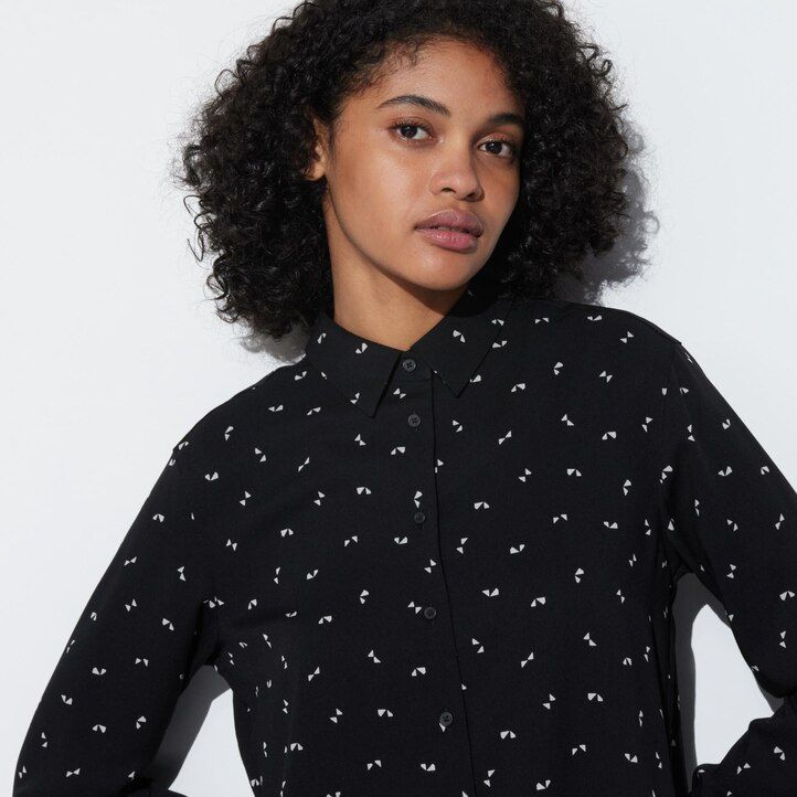 white womens uniqlo rayon printed sleeved blouse