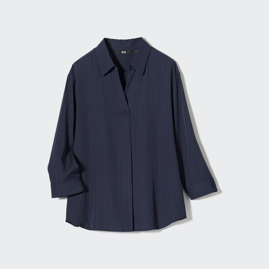 navy womens uniqlo rayon striped skipper collar 34 sleeved blouse