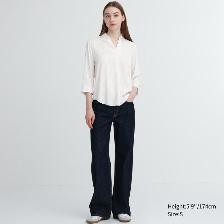 navy womens uniqlo rayon striped skipper collar 34 sleeved blouse