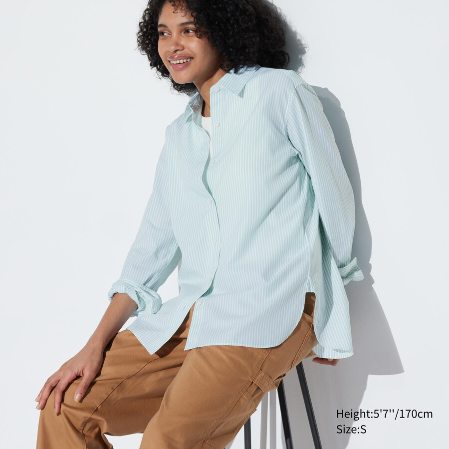green uniqlo extra fine cotton striped sleeved womens blouse