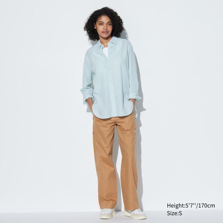 green uniqlo extra fine cotton striped sleeved womens blouse