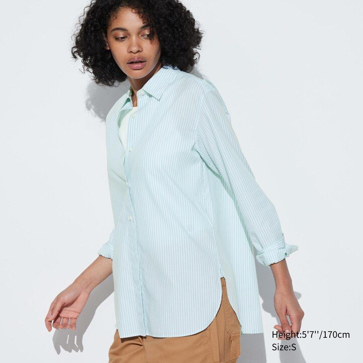 green uniqlo extra fine cotton striped sleeved womens blouse