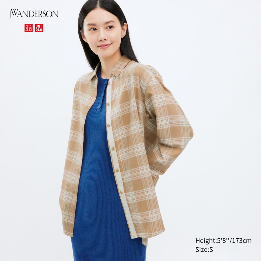 uniqlo flannel checkedline womens blouse beige