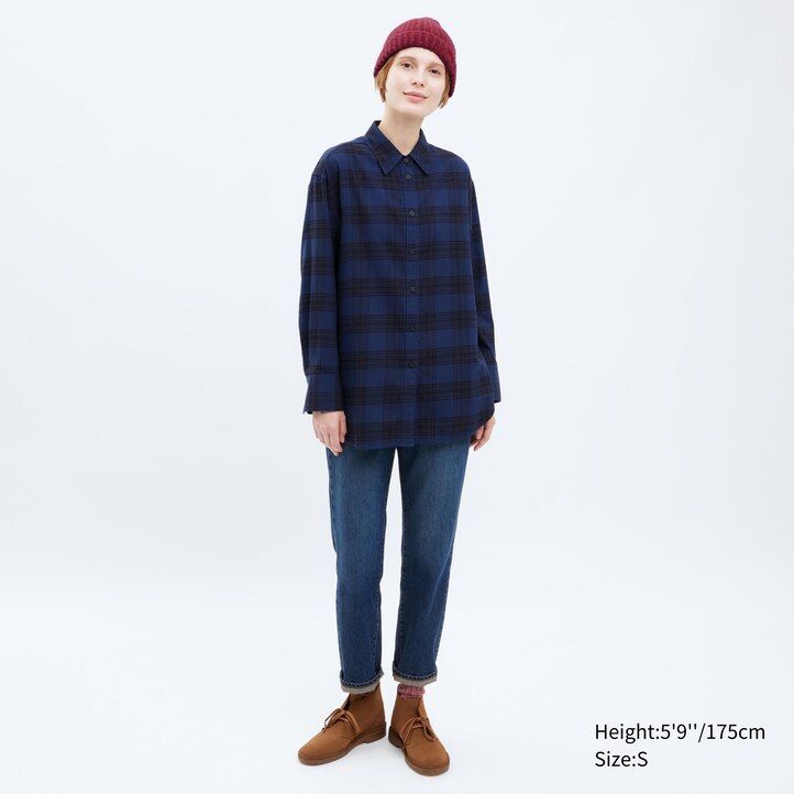 uniqlo flannel checkedline womens blouse beige