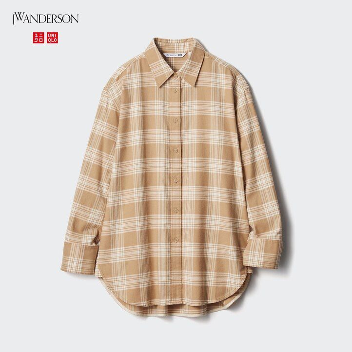 uniqlo flannel checkedline womens blouse beige