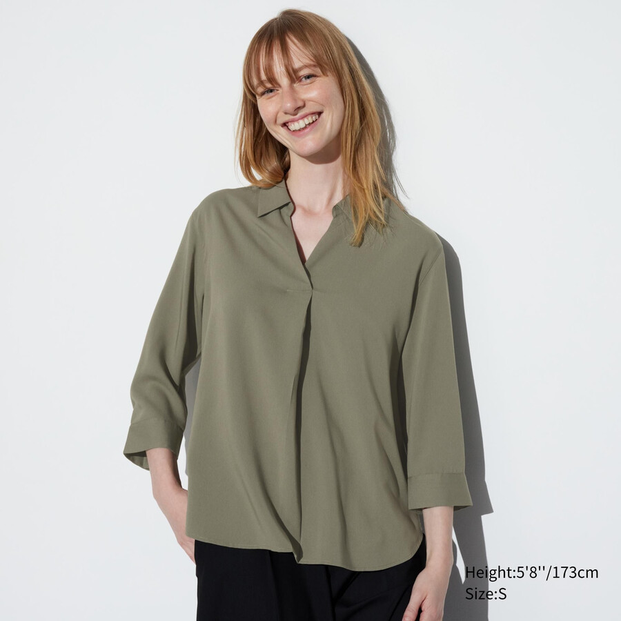 olive uniqlo rayon skipper collar 34 sleeved womens blouse