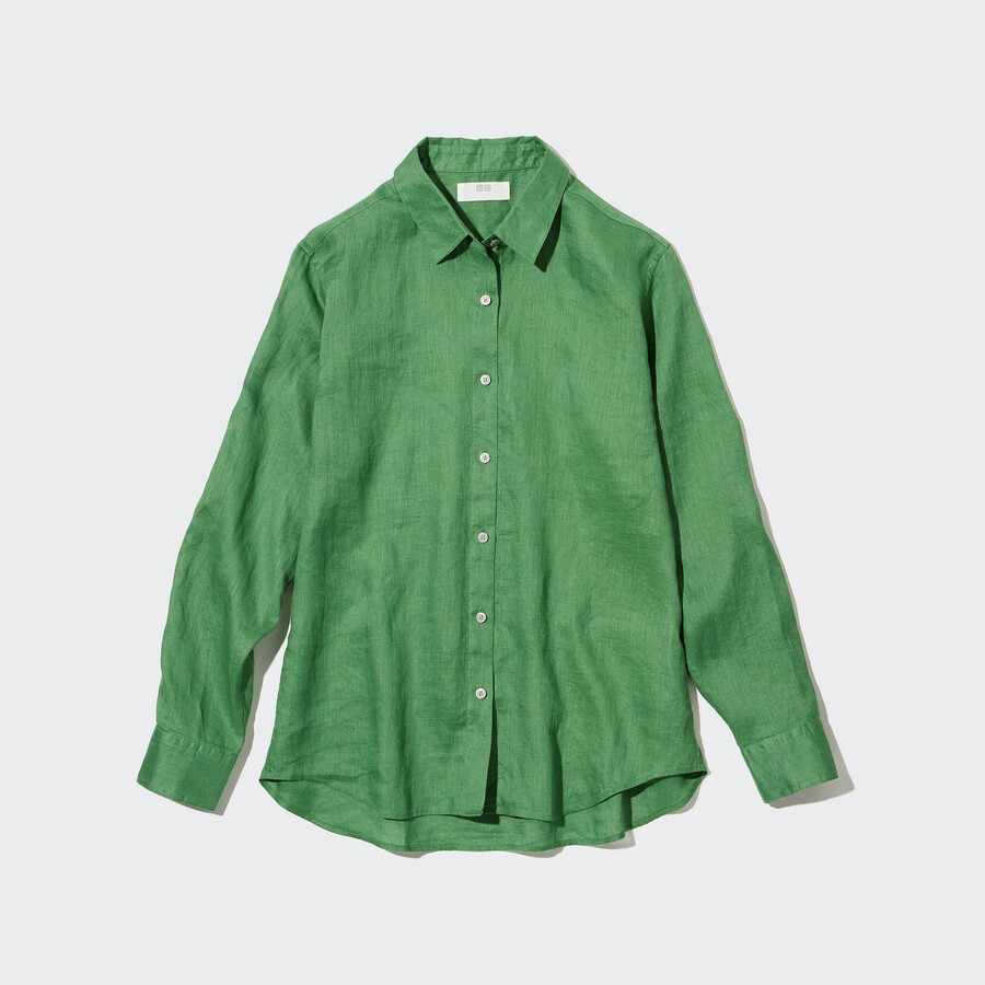 green uniqlo 100pct premium linen womens blouse