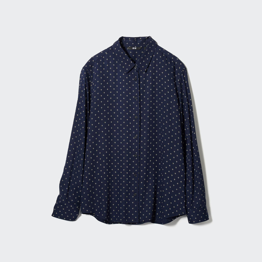 navy uniqlo rayon printed sleeved womens blouse
