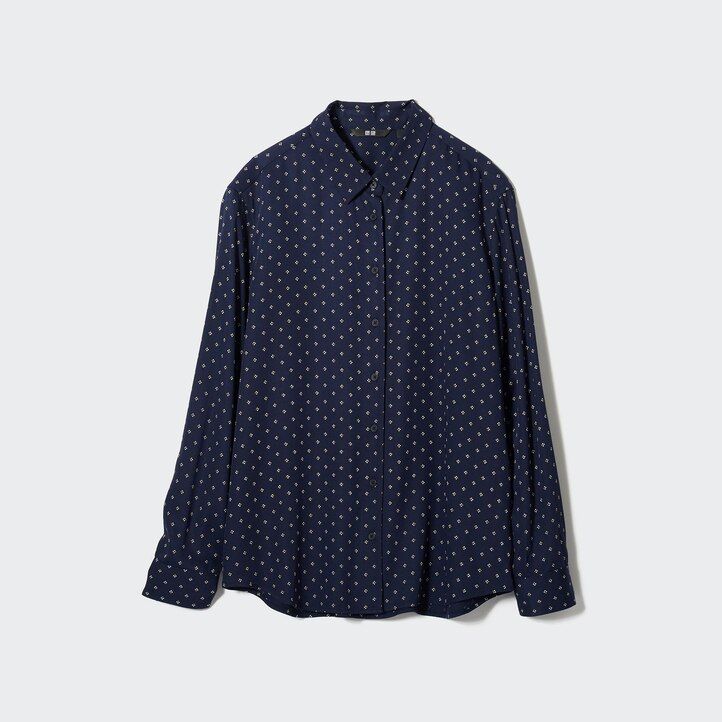 navy uniqlo rayon printed sleeved womens blouse