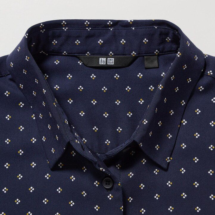 navy uniqlo rayon printed sleeved womens blouse