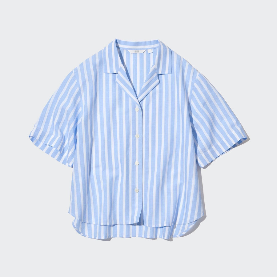 uniqlo linen blend striped open collar sleeved womens blouse light blue
