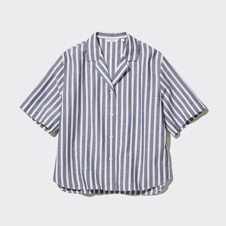 uniqlo linen blend striped open collar sleeved womens blouse light blue
