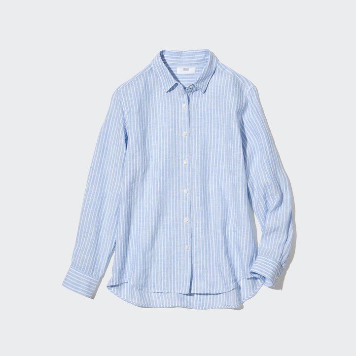 womens uniqlo 100pct premium linen striped sleeved blouse light blue