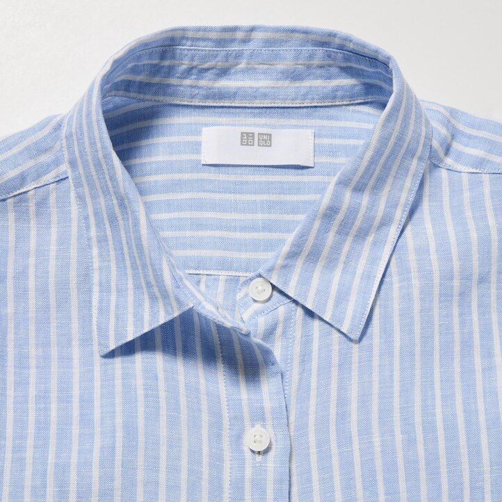 womens uniqlo 100pct premium linen striped sleeved blouse light blue