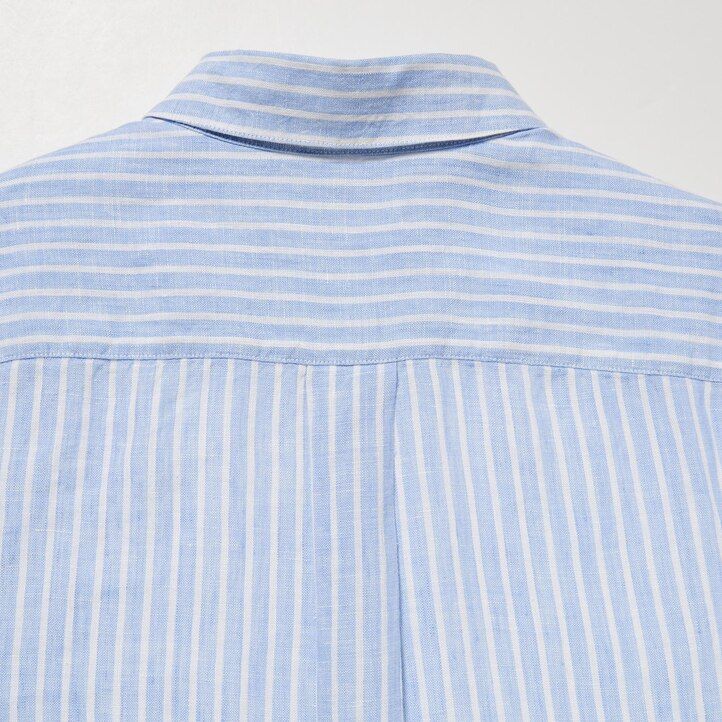 womens uniqlo 100pct premium linen striped sleeved blouse light blue