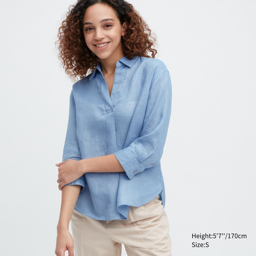 uniqlo 100pct premium linen skipper collar 34 sleeved womens blouse blue