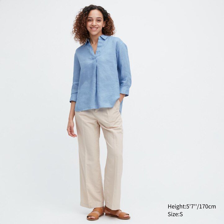 uniqlo 100pct premium linen skipper collar 34 sleeved womens blouse blue