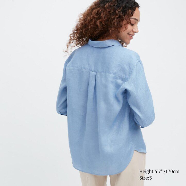 uniqlo 100pct premium linen skipper collar 34 sleeved womens blouse blue