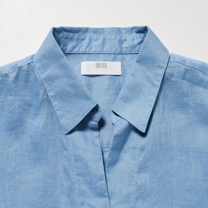 uniqlo 100pct premium linen skipper collar 34 sleeved womens blouse blue