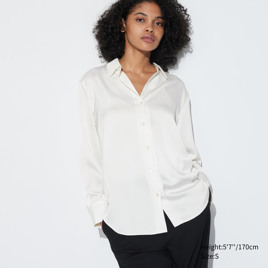white womens uniqlo satin sleeved blouse