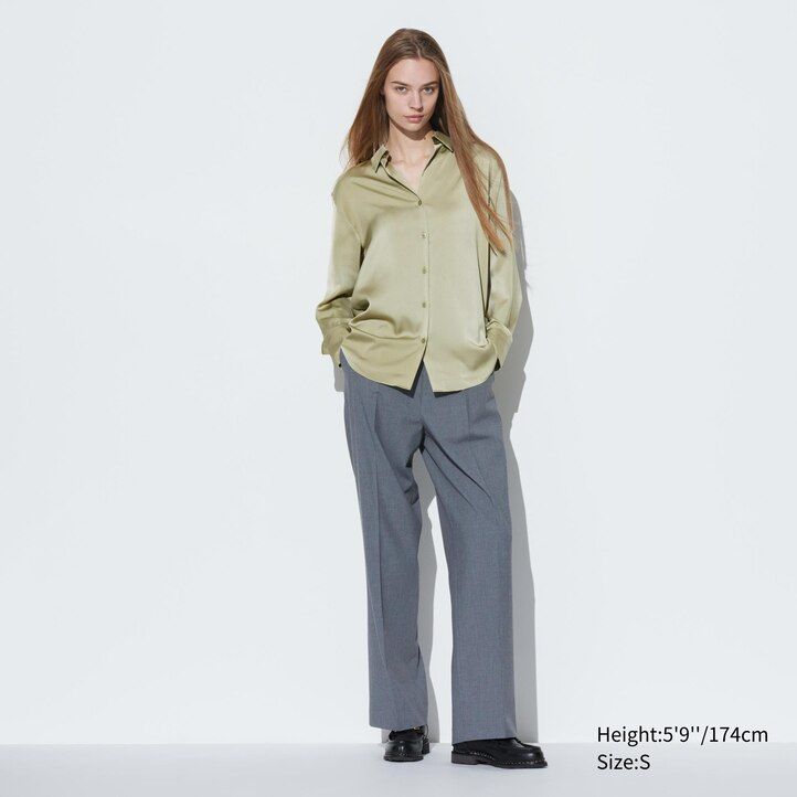 white womens uniqlo satin sleeved blouse