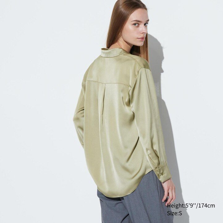 white womens uniqlo satin sleeved blouse