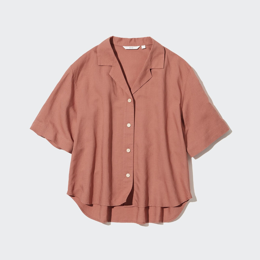 brown womens uniqlo linen blend open collar sleeved blouse