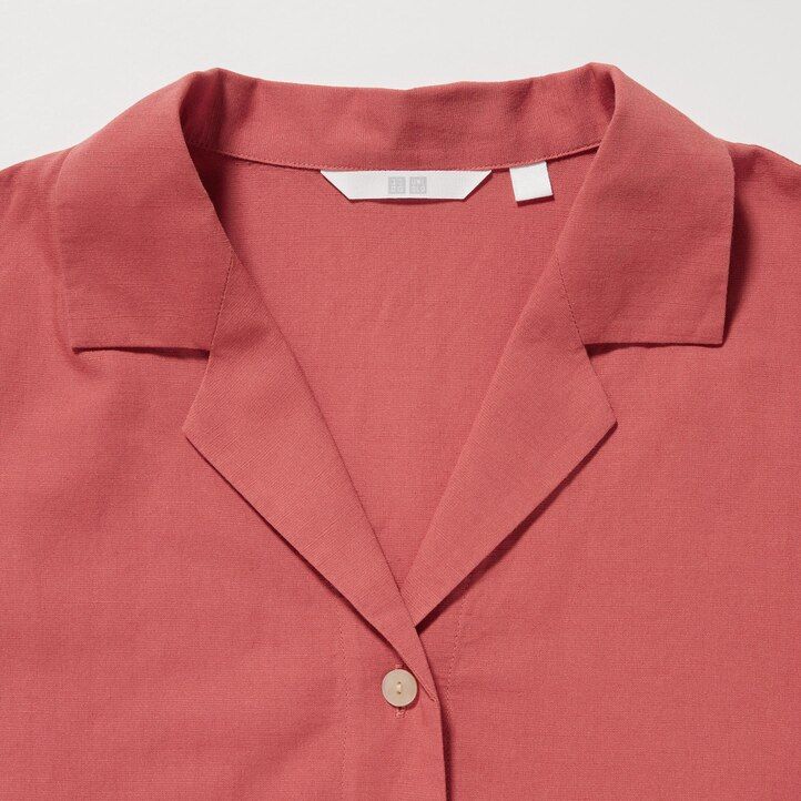 brown womens uniqlo linen blend open collar sleeved blouse