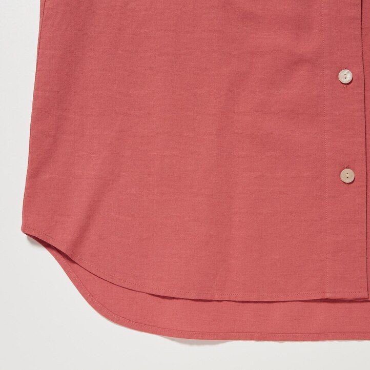 brown womens uniqlo linen blend open collar sleeved blouse