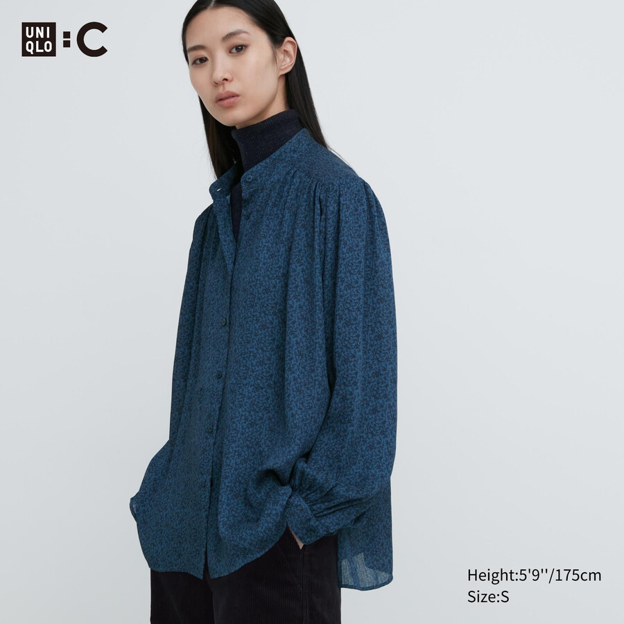 blue uniqlo printed volume womens blouse