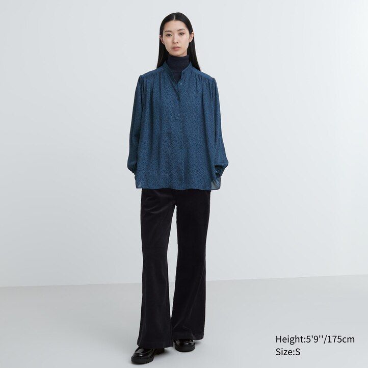 blue uniqlo printed volume womens blouse