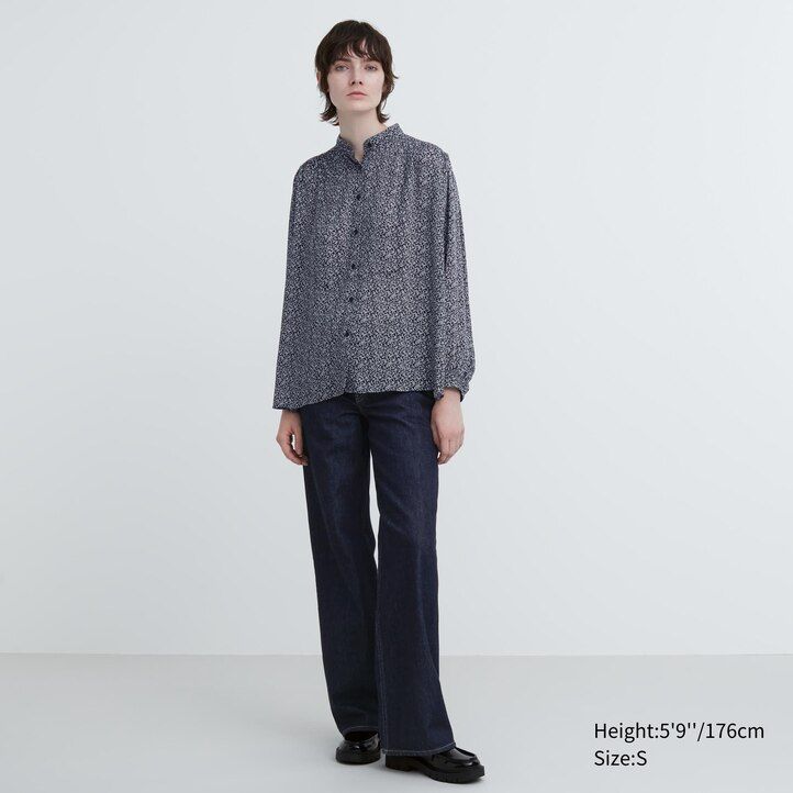 blue uniqlo printed volume womens blouse