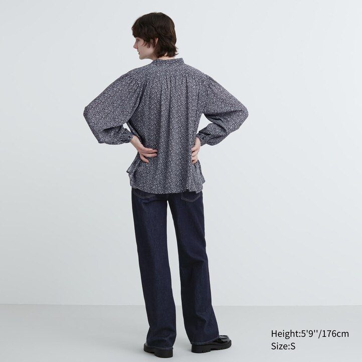 blue uniqlo printed volume womens blouse