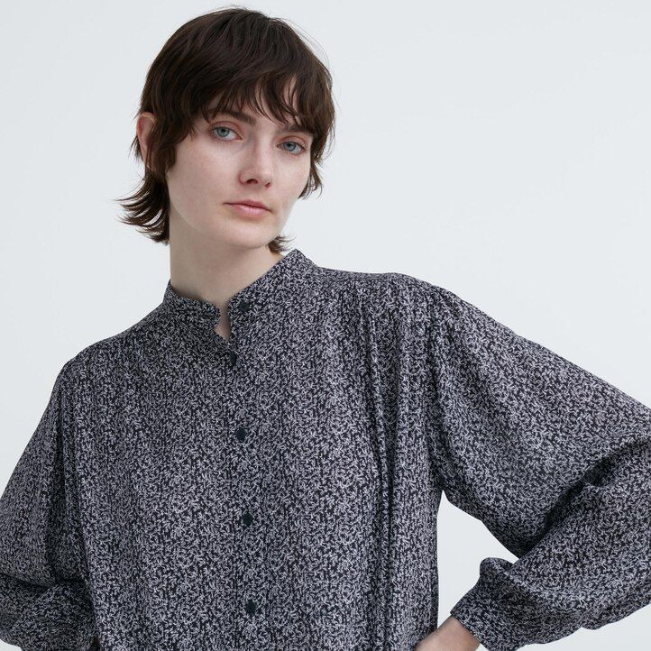 blue uniqlo printed volume womens blouse