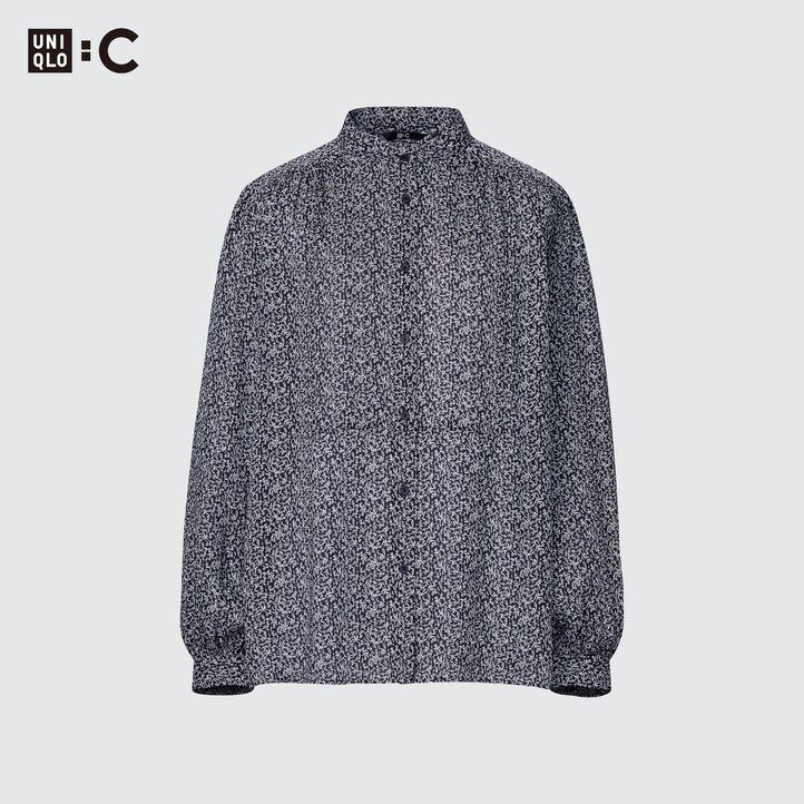 blue uniqlo printed volume womens blouse