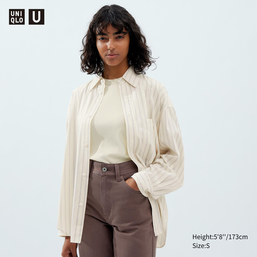 womens uniqlo drape striped sleeved blouse beige