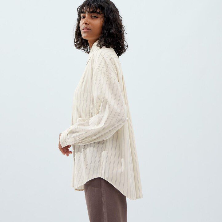 womens uniqlo drape striped sleeved blouse beige