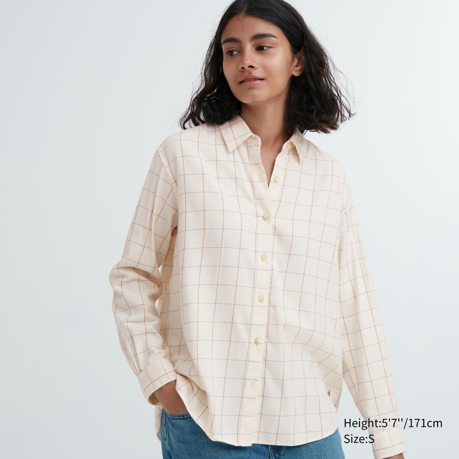 white womens uniqlo soft brushed checked sleeved blouse