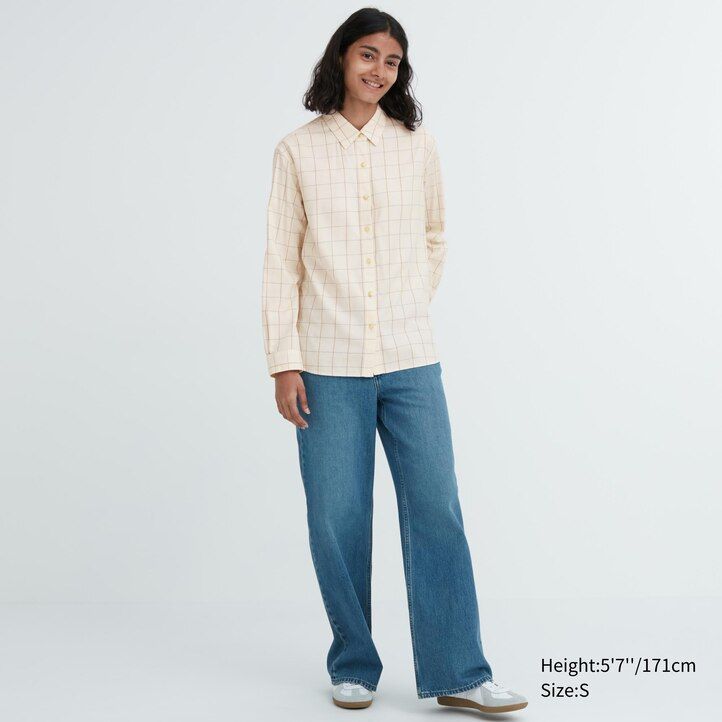 white womens uniqlo soft brushed checked sleeved blouse