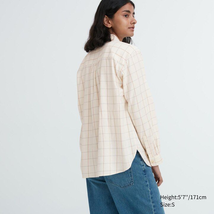white womens uniqlo soft brushed checked sleeved blouse