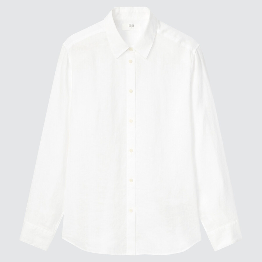 white uniqlo 100pct premium linen sleeved womens blouse