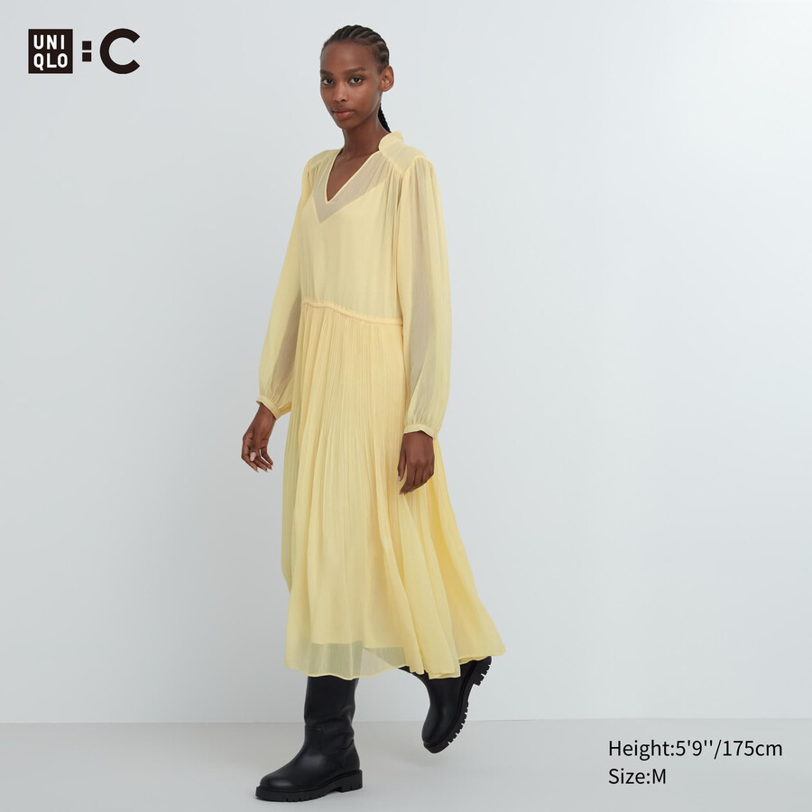 womens uniqlo chiffon pleated sleeved dress yellow
