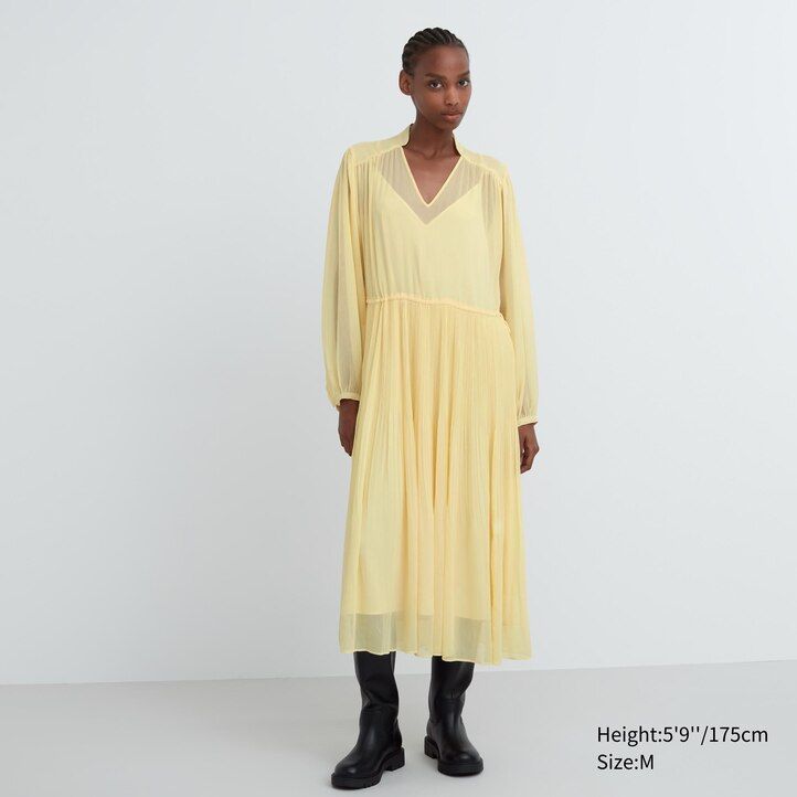 womens uniqlo chiffon pleated sleeved dress yellow