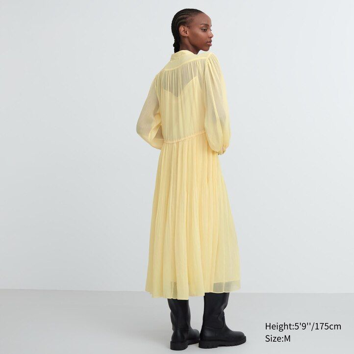 womens uniqlo chiffon pleated sleeved dress yellow
