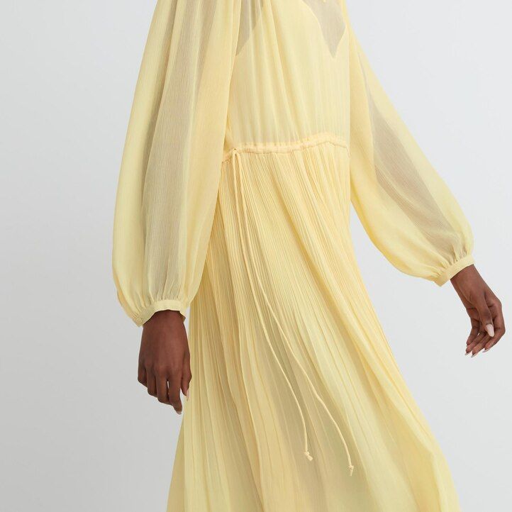 womens uniqlo chiffon pleated sleeved dress yellow